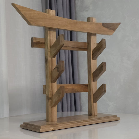Traditional wooden sword rack for showcasing katanas and historical weapons