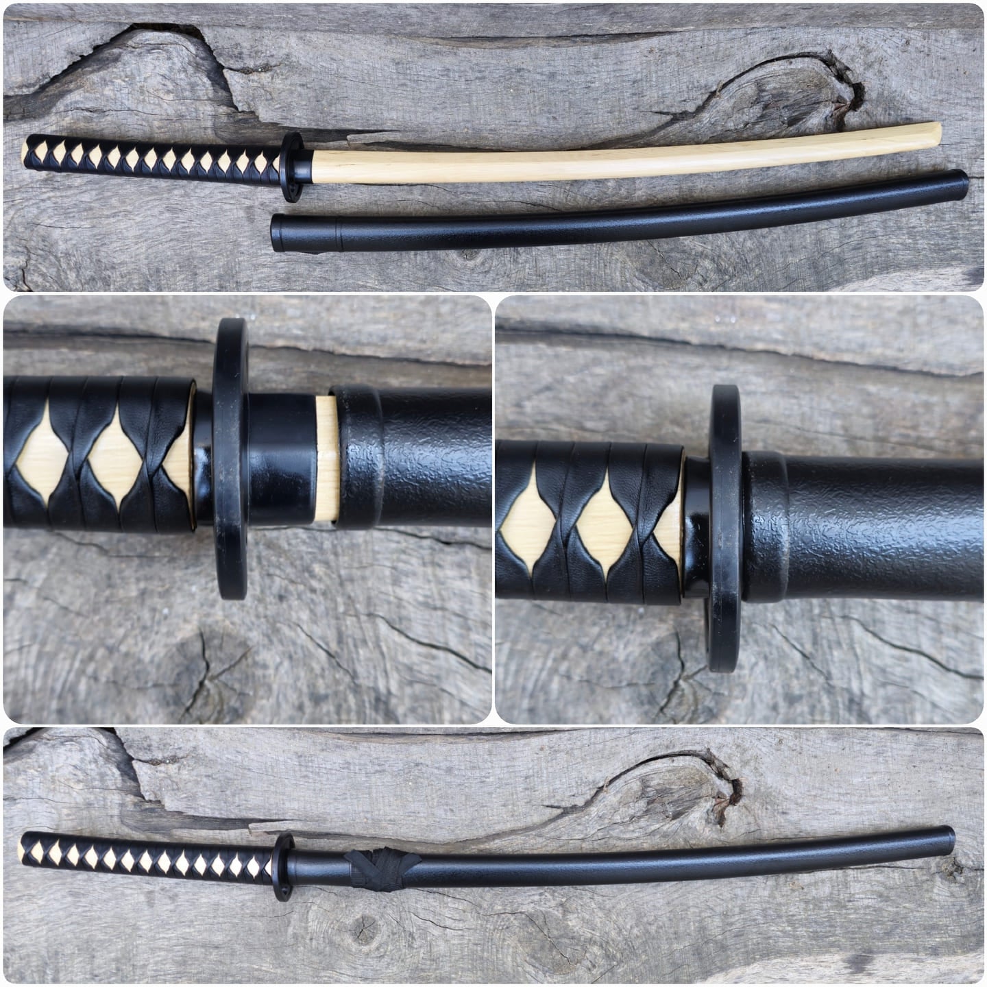 Wooden bokken Daito 102 cm (40.1") with patterned rubber tsuba, plastic saya and tsukamaki - European Hornbeam