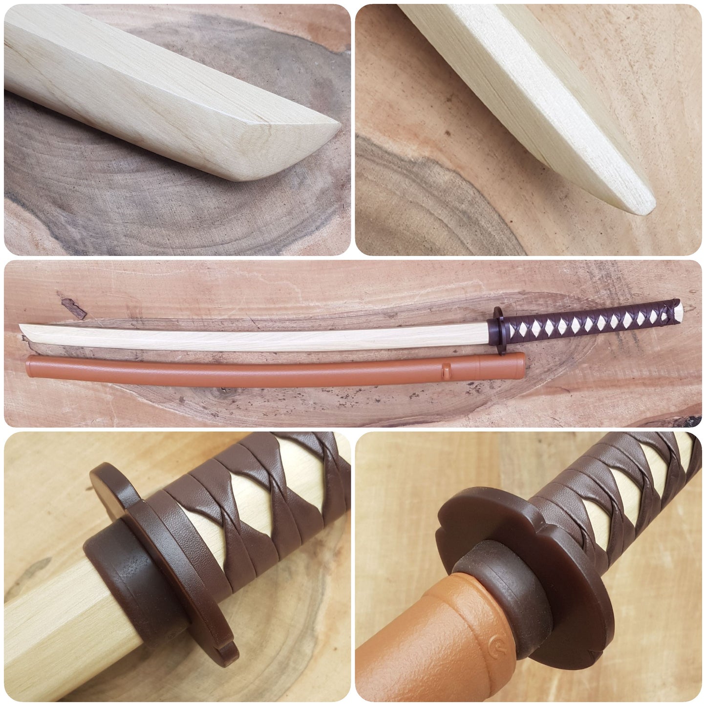 Wooden bokken daito with brown plastic tsuba, plastic saya and tsukamaki - Japanese sword 102 cm (40.1") for Aikido and Iaido - Hornbeam
