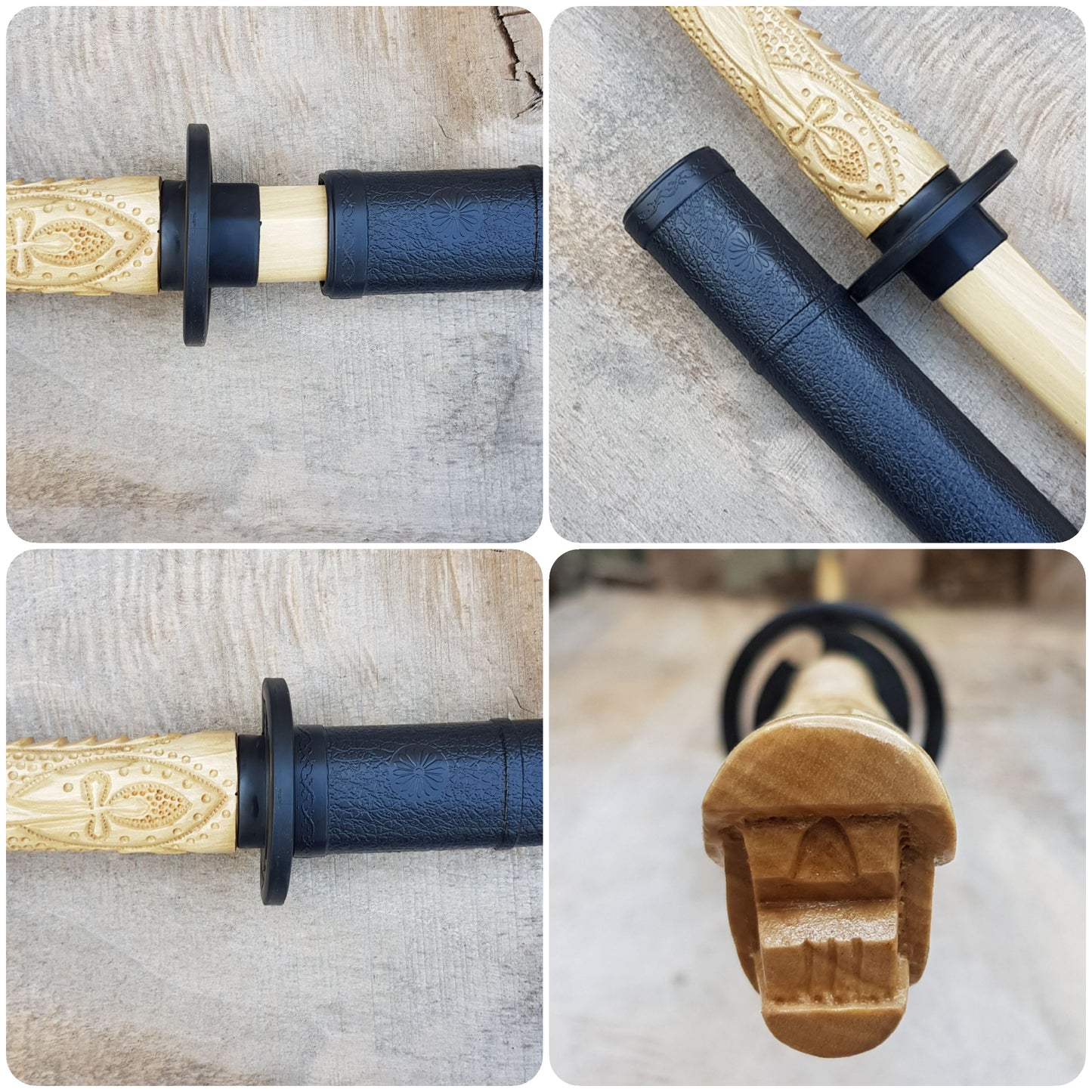 Wooden bokken Daito Deluxe Dragon with patterned rubber tsuba and dome, plastic saya for Iaido - European Hornbeam