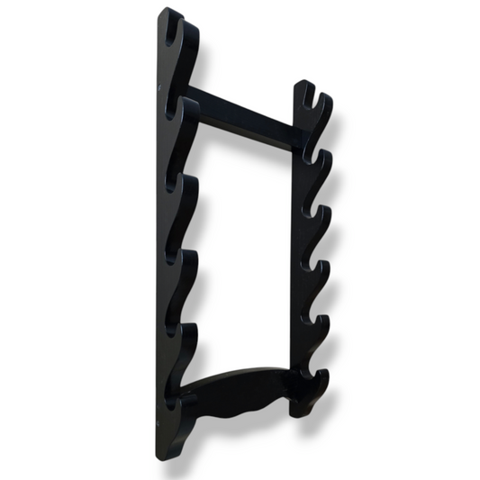 Traditional wooden sword rack for showcasing katanas and historical weapons