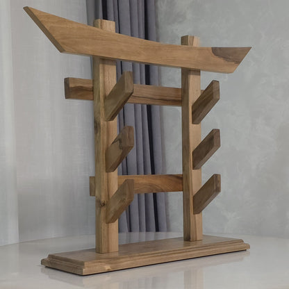 Traditional wooden sword rack for showcasing katanas and historical weapons
