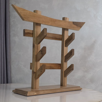 Traditional wooden sword rack for showcasing katanas and historical weapons