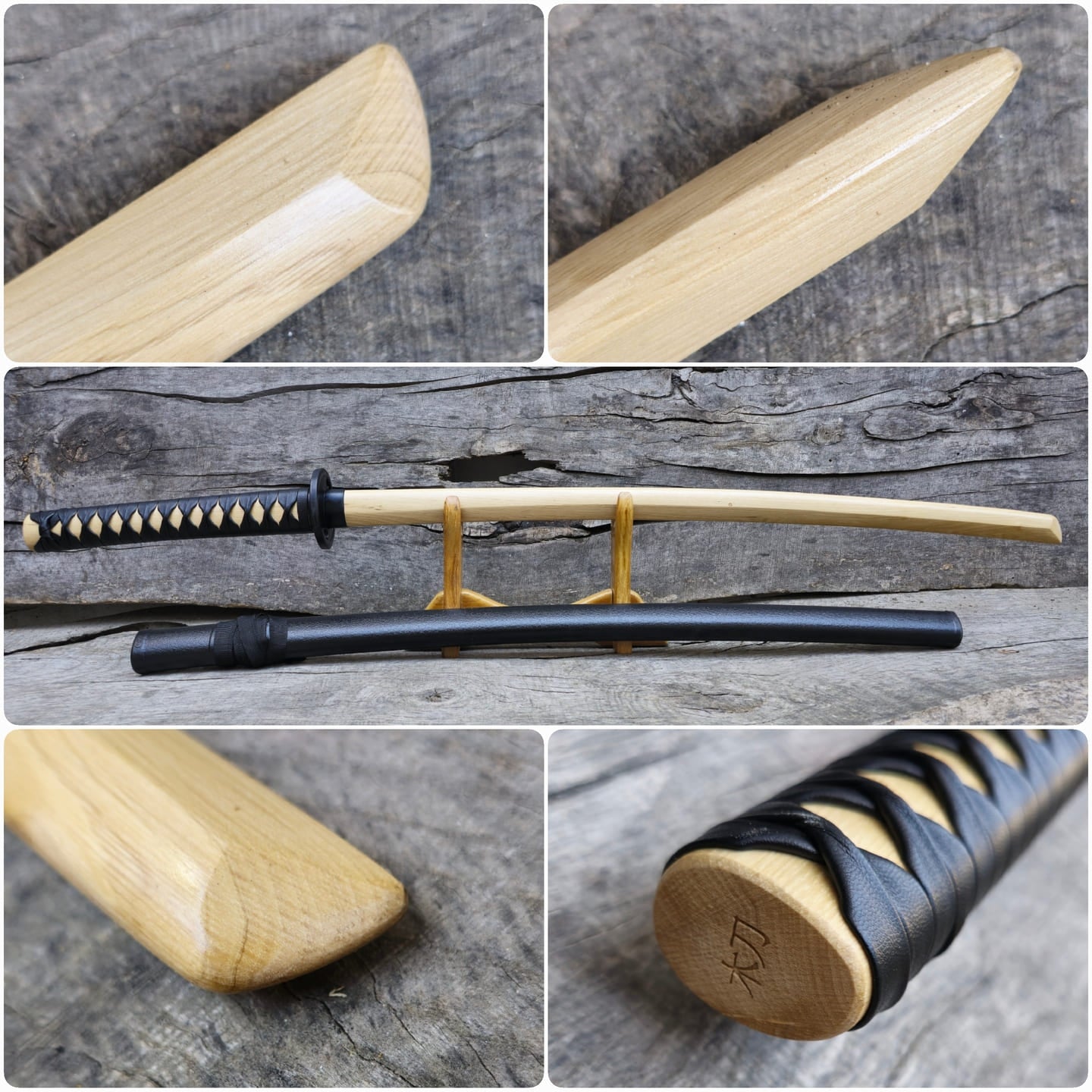 Wooden bokken Daito 102 cm (40.1") with patterned rubber tsuba, plastic saya and tsukamaki - European Hornbeam
