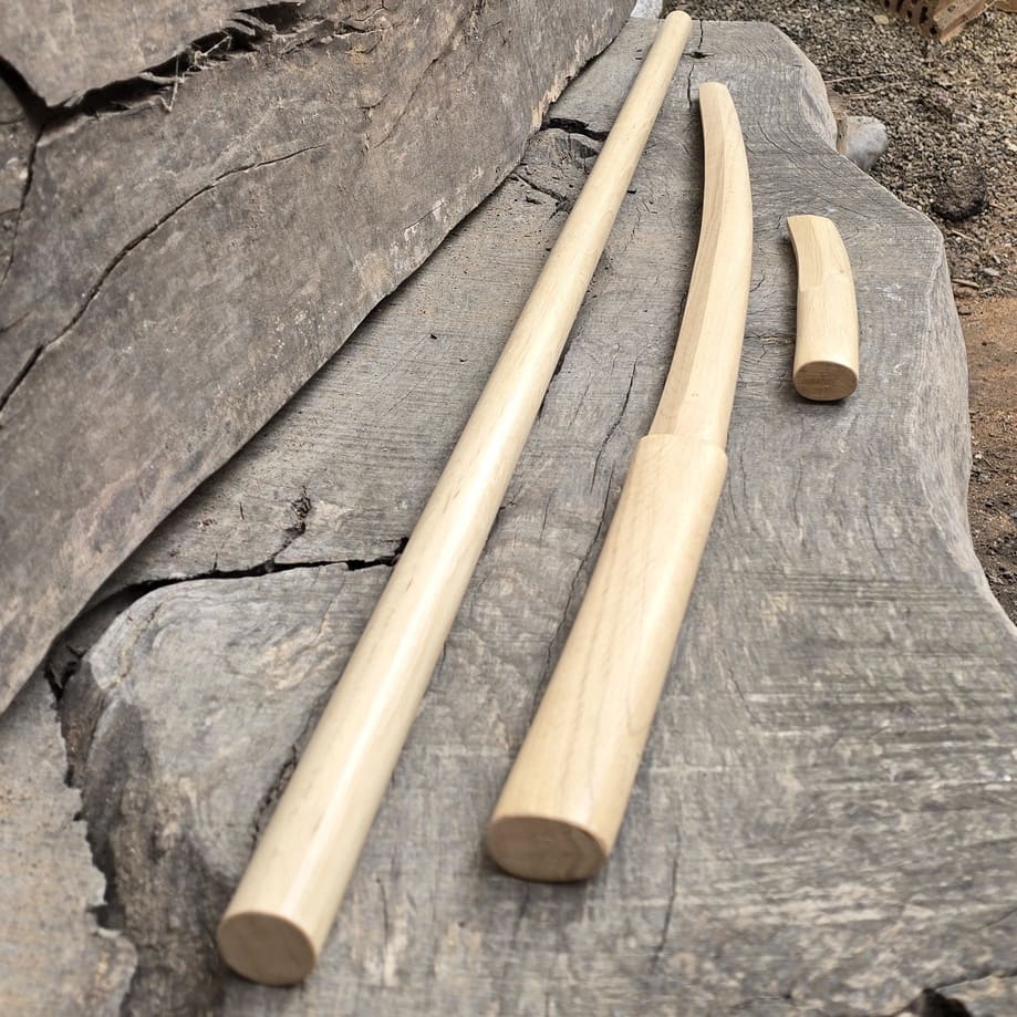 Martial arts practice wooden sword, stick and knife