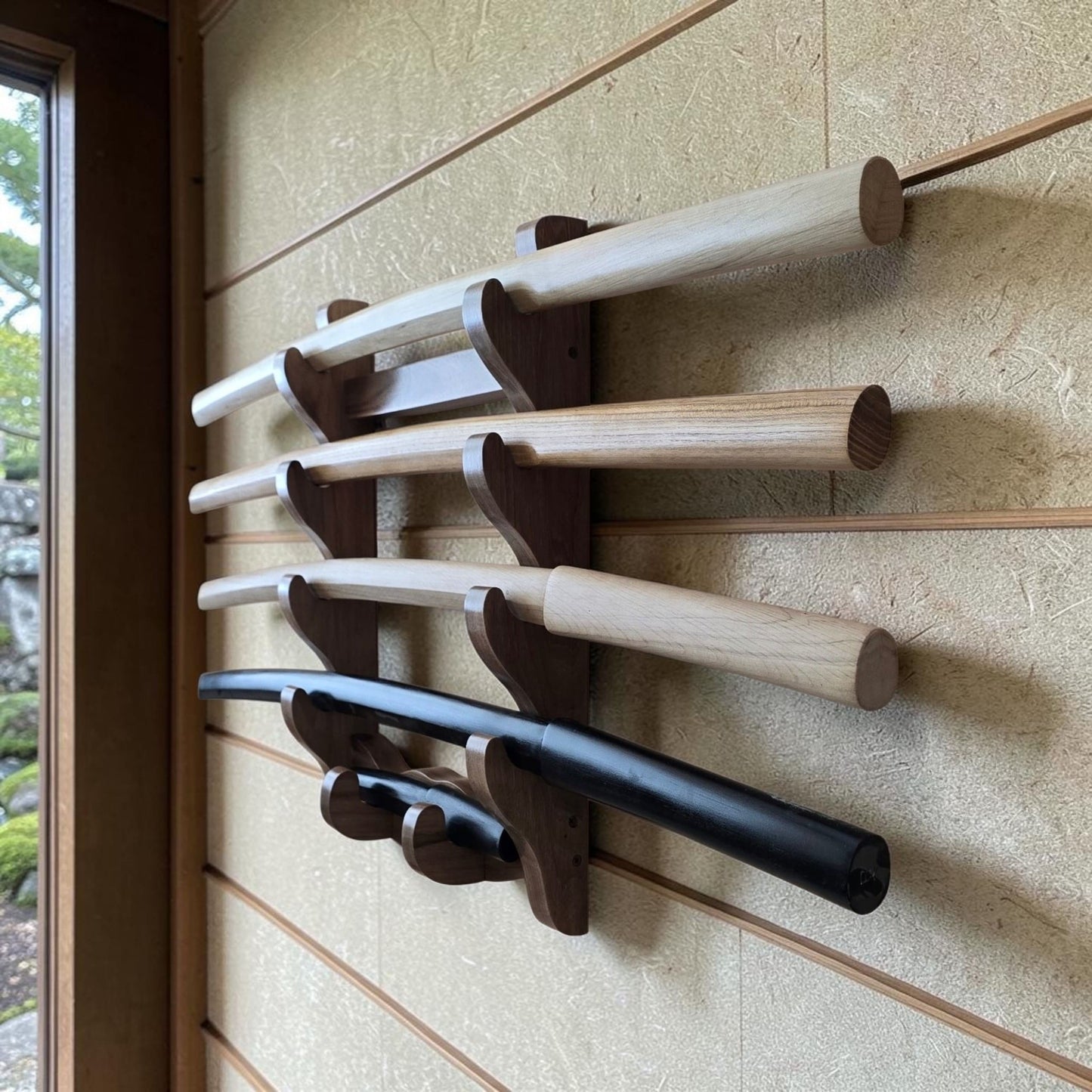 The Wall Stand for Swords with place for a Tanto 1-10 Layer - Natural Wood (Walnut)