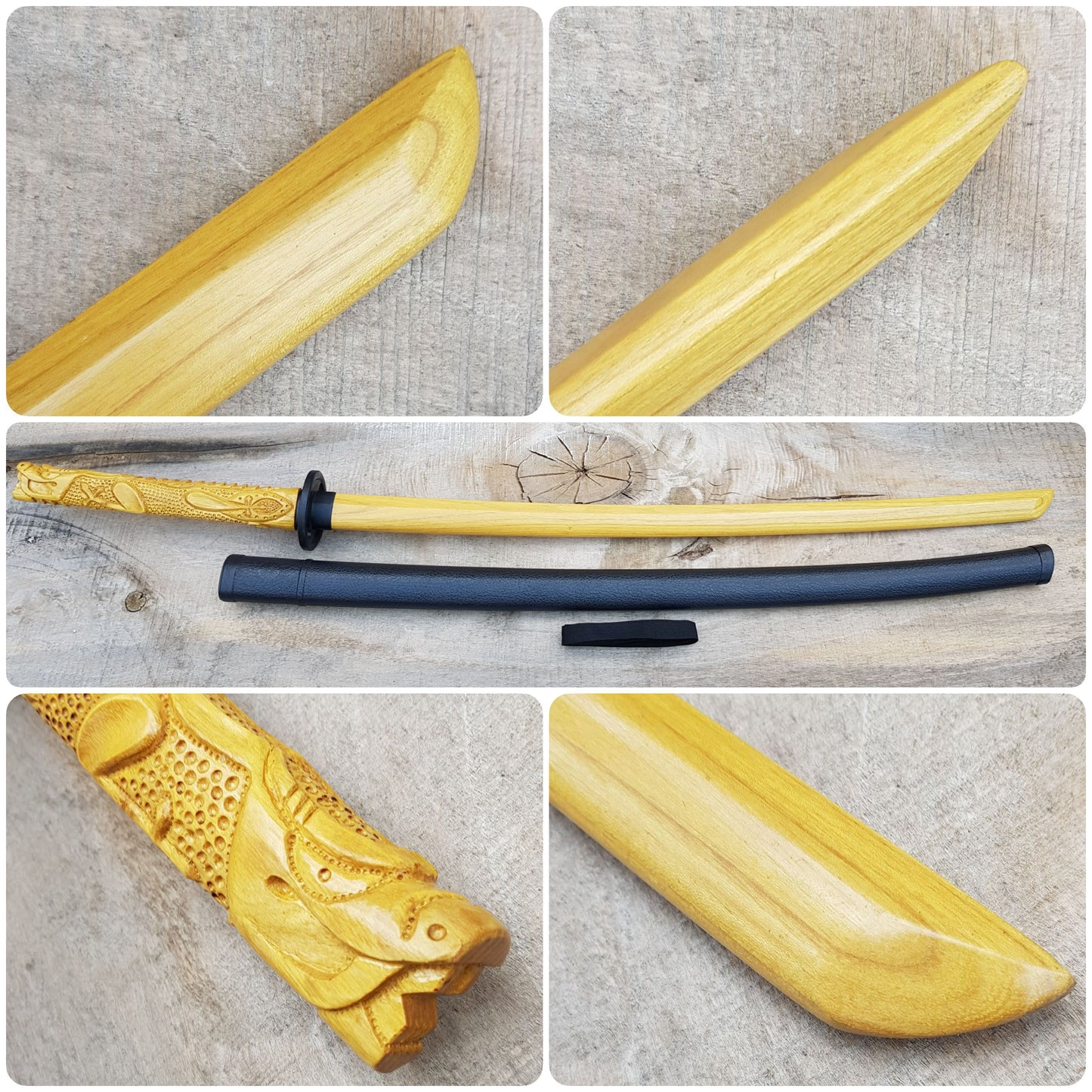 Wooden bokken Daito Deluxe Dragon with patterned rubber tsuba and dome, plastic saya for Iaido - Robinia