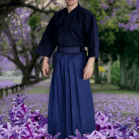 Traditional navy blue hakama pants for Kendo, Aikido, and Iaido martial arts