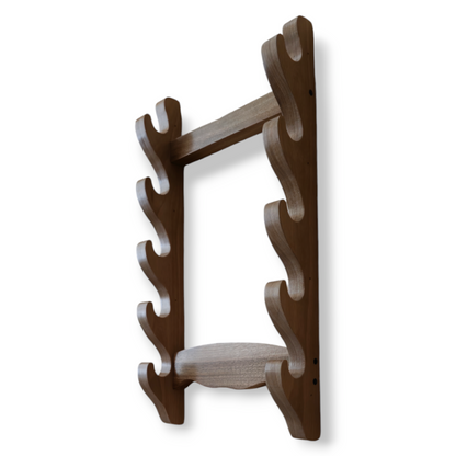 Traditional wooden sword rack for showcasing katanas and historical weapons