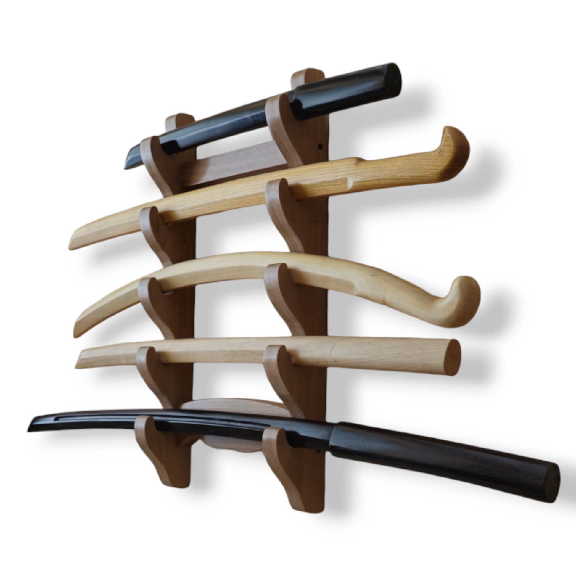 Traditional wooden sword rack for showcasing katanas and historical weapons