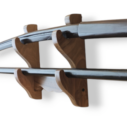 Traditional wooden sword rack for showcasing katanas and historical weapons