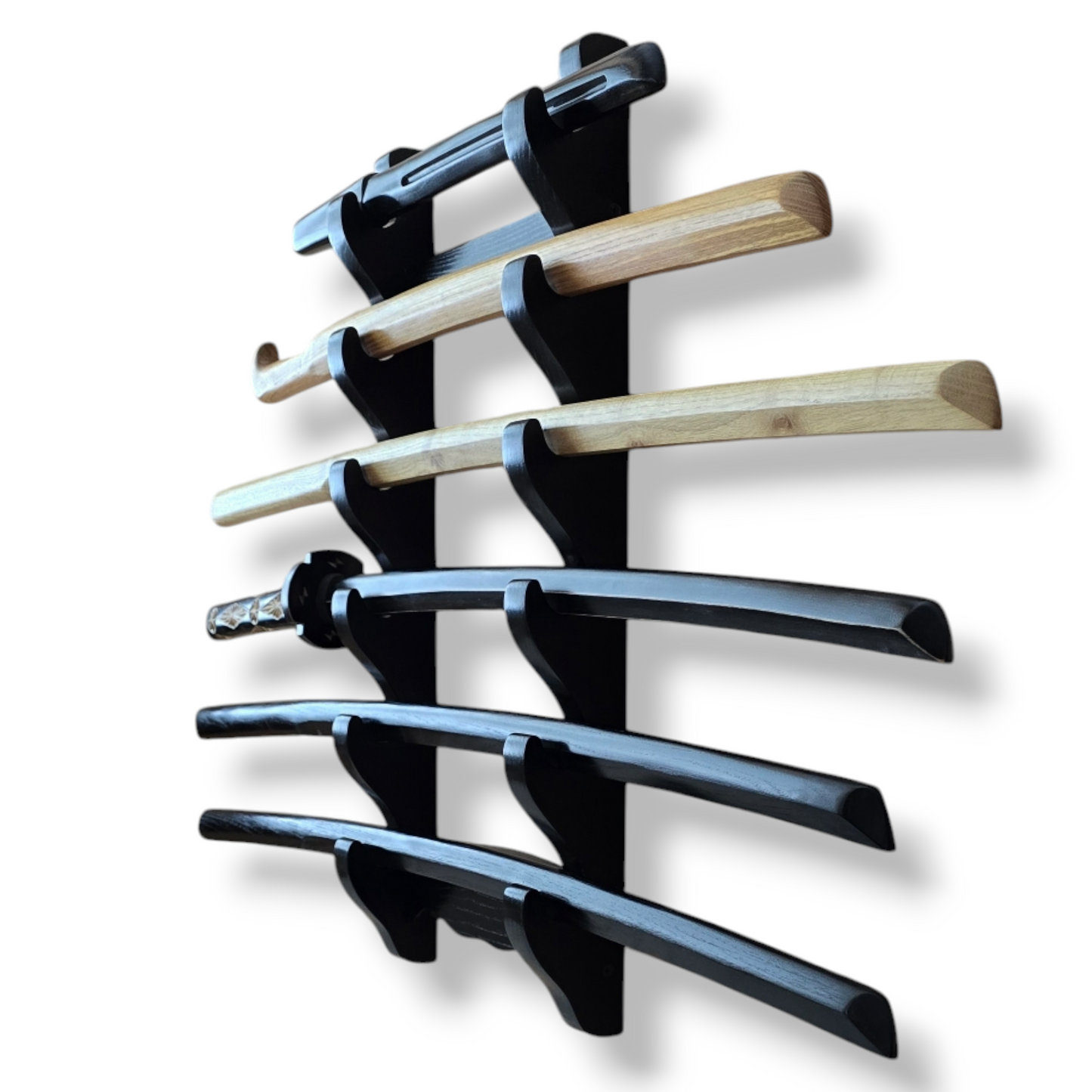 Traditional wooden sword rack for showcasing katanas and historical weapons