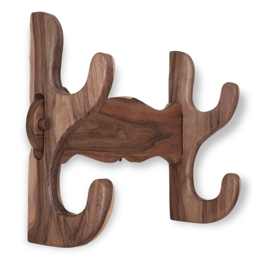 A two-layered wall stand made of natural walnut wood, designed to hold swords, axes, or rifles, with a varnished finish.