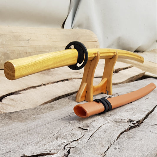 Wooden bokken Daito 102 cm (40.1") with groove, patterned rubber tsuba and dome, plastic saya for Aikido and Iaido - Robinia Wood
