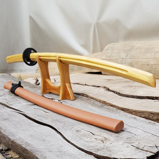 Wooden bokken Daito 102 cm (40.1") with groove, patterned rubber tsuba and dome, plastic saya for Aikido and Iaido - Robinia Wood