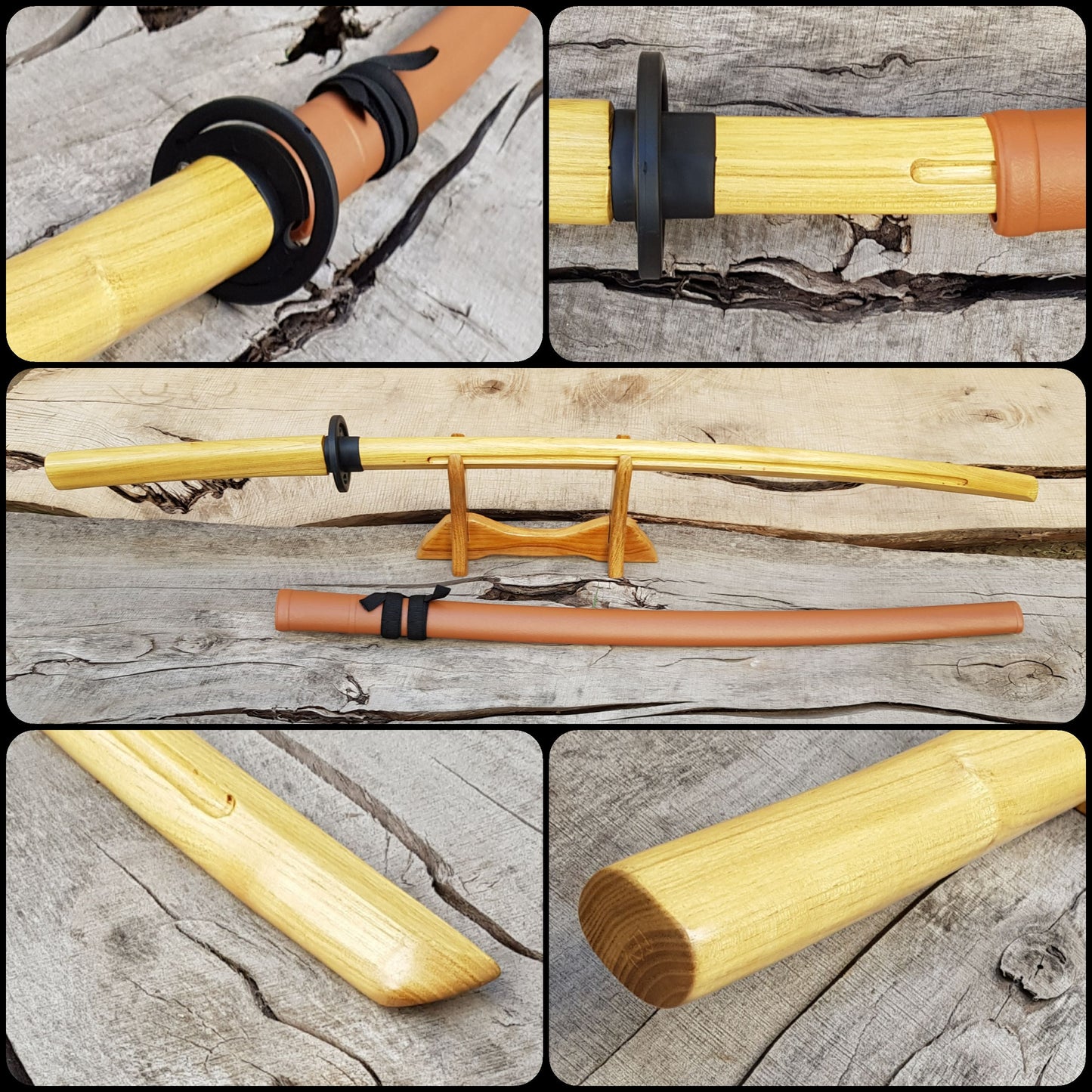 Wooden bokken Daito 102 cm (40.1") with groove, patterned rubber tsuba and dome, plastic saya for Aikido and Iaido - Robinia Wood