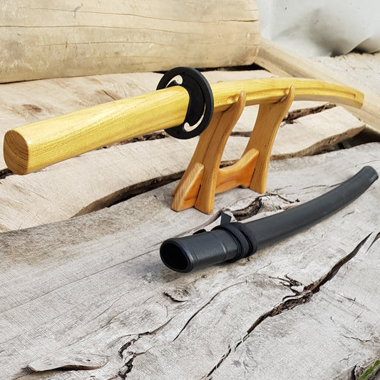 Wooden bokken Daito 102 cm (40.1") with groove, patterned rubber tsuba and dome, plastic saya for Aikido and Iaido - Robinia Wood