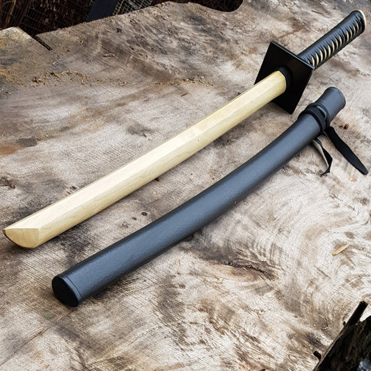 Ninjato Sword Wooden Bokken 103 cm (40.5") with tsuba, saya and tsukamaki - European Hornbeam