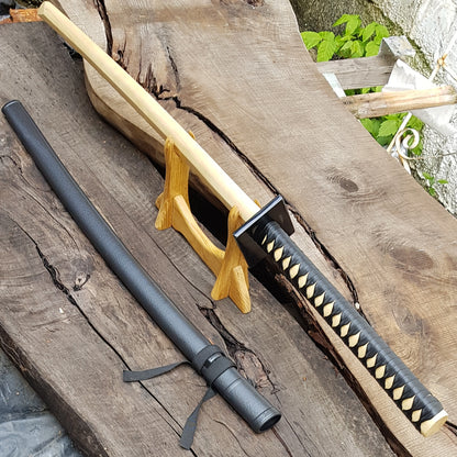 Ninjato Sword Wooden Bokken 103 cm (40.5") with tsuba, saya and tsukamaki - European Hornbeam