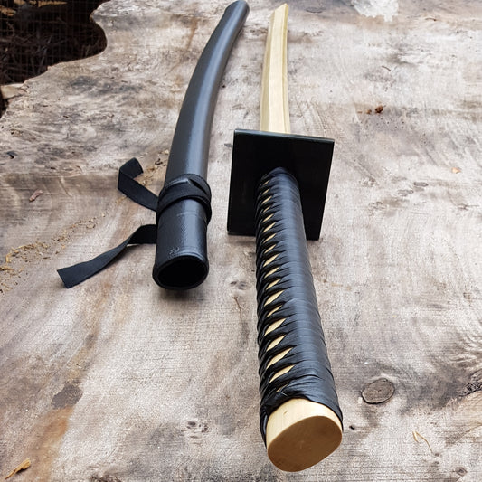 Ninjato Sword Wooden Bokken 103 cm (40.5") with tsuba, saya and tsukamaki - European Hornbeam