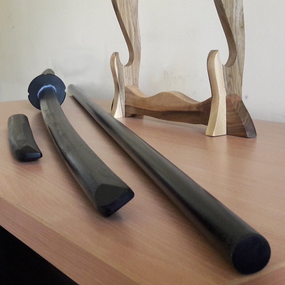 A set of wooden weapons for aikido - Bokken Daito 102 cm (40.1") with tsuba, jo 128 cm (50.4"), tanto - Robinia Wood