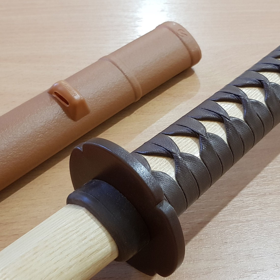 Wooden bokken daito with brown plastic tsuba, plastic saya and tsukamaki - Japanese sword 102 cm (40.1") for Aikido and Iaido - Ash
