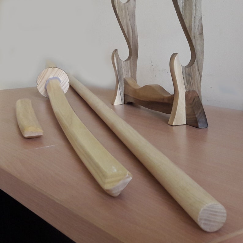 A set of wooden weapons for aikido - Bokken Daito 102 cm (40.1") with tsuba, jo 128 cm (50.4"), tanto - European Ash