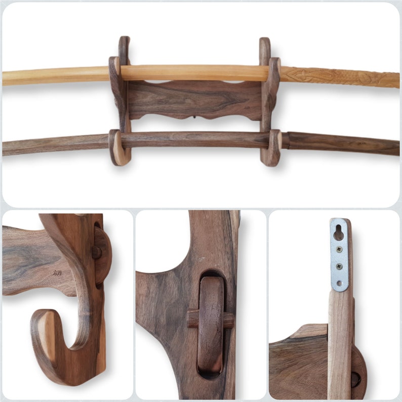 Wooden weapon display rack – fits swords, axes, and rifles.