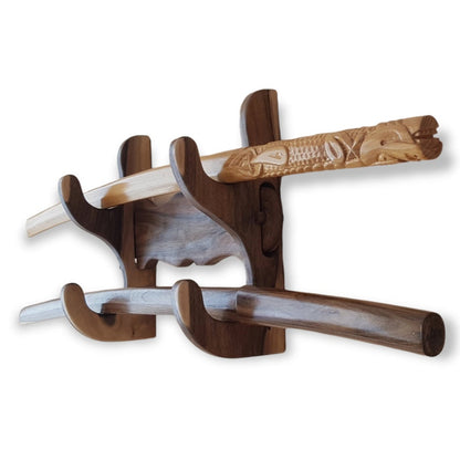 Handcrafted wooden stand for displaying sword, axe, or firearm