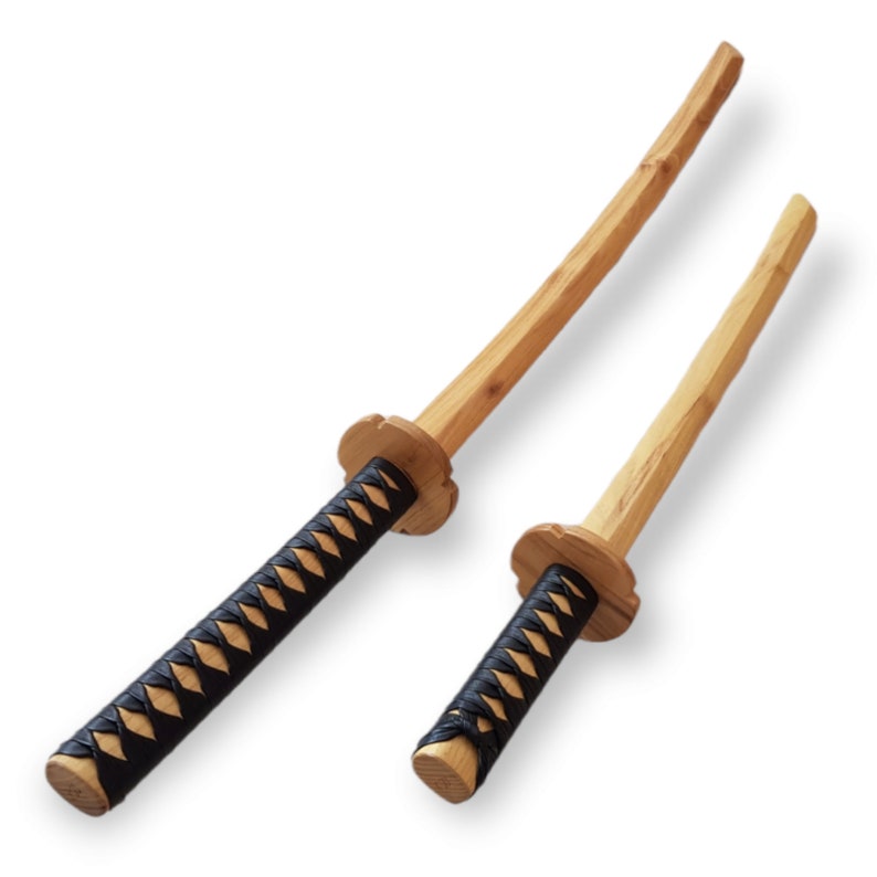 Wooden bokken Bokuto 102 cm (40.1") and Wooden Small Sword Wakizashi 68 cm (27") with tsuba and tsukamaki - European Ash