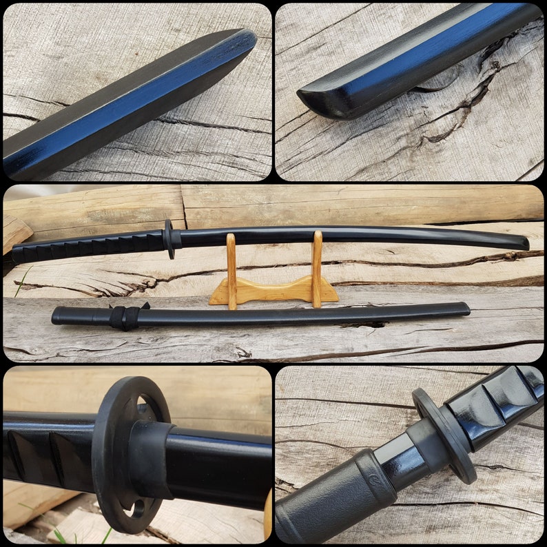 Wooden bokken Daito Deluxe with patterned rubber tsuba and dome, plastic saya for Iaido - European Hornbeam