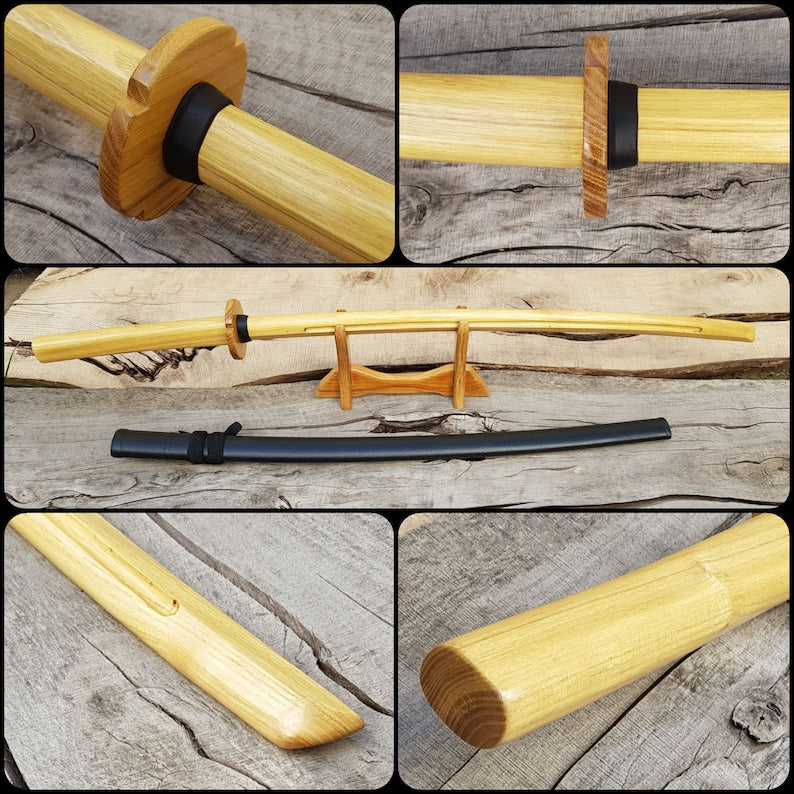Wooden daito bokken with groove, tsuba and plastic saya- Japanese sword 102 cm (40.1") for Aikido and Iaido - Robinia Wood