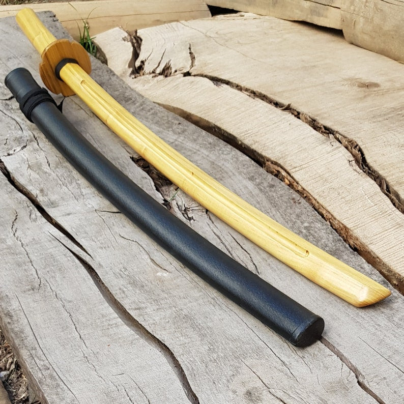 Wooden daito bokken with groove, tsuba and plastic saya- Japanese sword 102 cm (40.1") for Aikido and Iaido - Robinia Wood