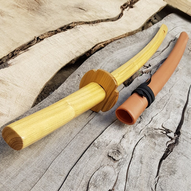 Wooden daito bokken with groove, tsuba and plastic saya - Japanese sword 102 cm (40.1") for Aikido and Iaido - Robinia Wood