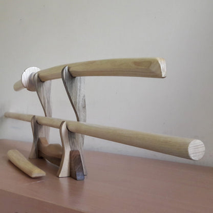 A set of wooden weapons for aikido - Bokken Daito 102 cm (40.1") with tsuba, jo 128 cm (50.4"), tanto - European Ash
