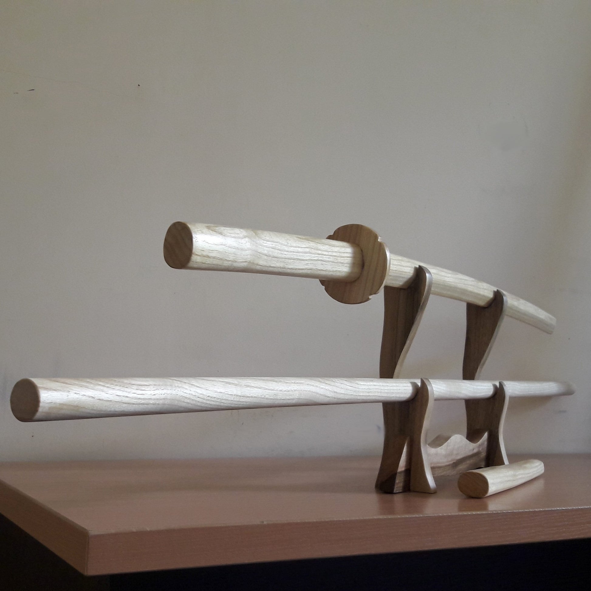 A set of wooden weapons for aikido - Bokken Daito 102 cm (40.1") with tsuba, jo 128 cm (50.4"), tanto - European Ash 