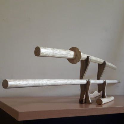 A set of wooden weapons for aikido - Bokken Daito 102 cm (40.1") with tsuba, jo 128 cm (50.4"), tanto - European Ash 